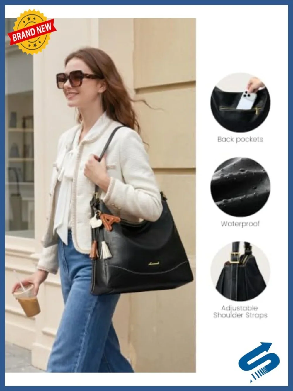 Faux Leather Hobo Handbag with Hidden Cup Holder, Adjustable Crossbody Strap,